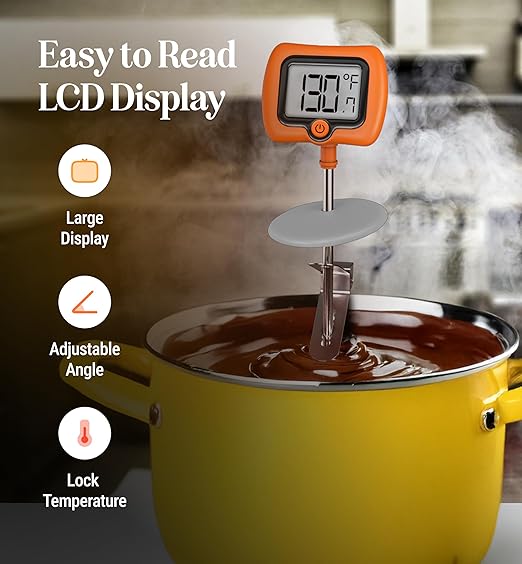 Digital Candy Thermometer with Pot Clip, 10" Long Stainless Steel Probe, Instant Read Kitchen Thermometer for Cooking, Baking, and Candy Making