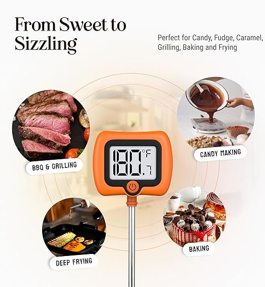 Digital Candy Thermometer with Pot Clip, 10" Long Stainless Steel Probe, Instant Read Kitchen Thermometer for Cooking, Baking, and Candy Making